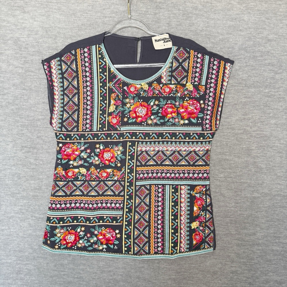 Savanna Jane Embroidered Cap Sleeve Top Size Small S Boho Colorful Art To Wear
